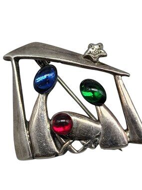 Silpada Christmas Brooch Sterling Silver Nativity Red Green Blue Cabachons 925